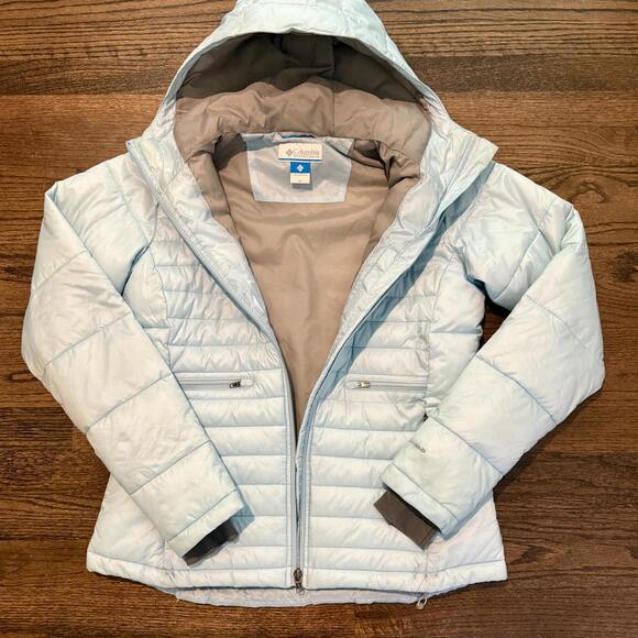 Women's Columbia Omni Shield Puffer Light Blue Hooded Jacket M - Picture 2 of 6